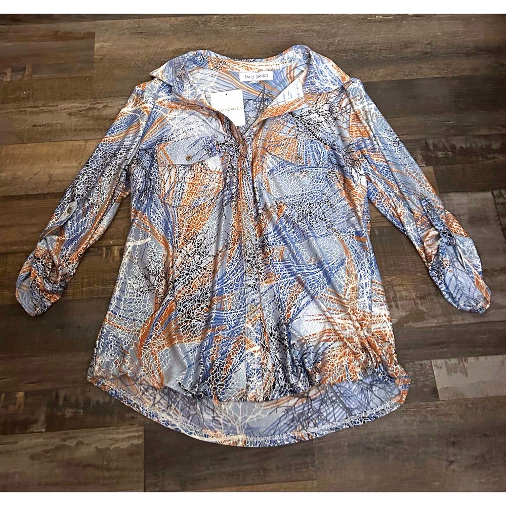Emily Daniels Blue Bronze White Abstract Knit Stretch Button-Up Blouse Women S